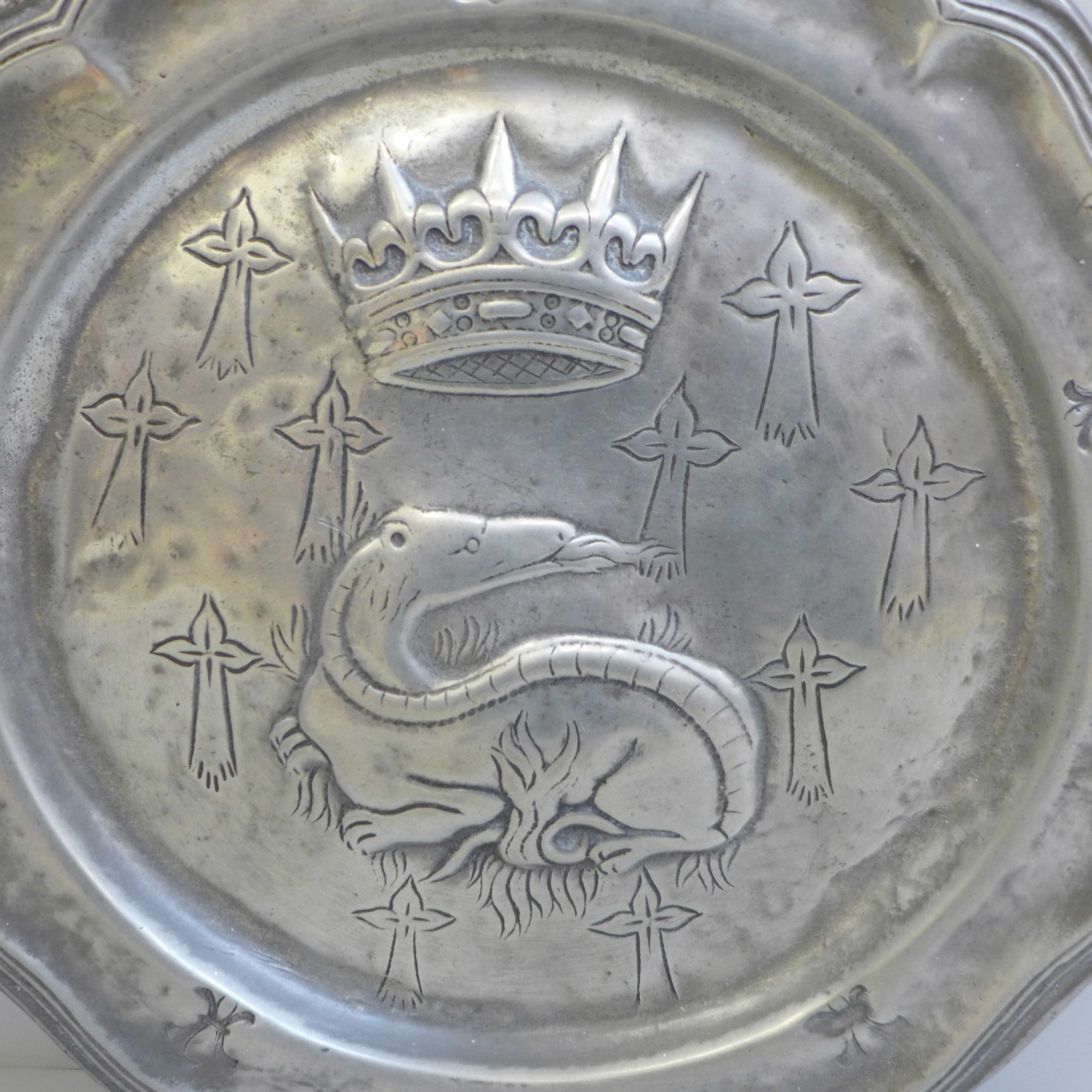 Two French early pewter plates, contoured edges, decorated with crown over a porcupine and a crown - Image 2 of 3