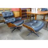 A Charles & Ray Eames style simulated rosewood and black leather revolving lounge chair and ottoman