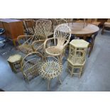 Two vintage Italian bamboo chairs, three occasional tables, stool and a magazine rack