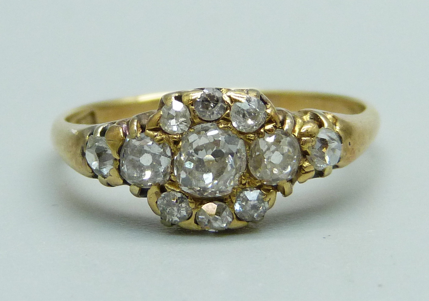 An 18ct gold antique old cut diamond cluster ring, 3.6g, Q