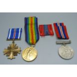 Three medals; a WWI Victory medal, K-48520 J.N. Petrie Sto. 1. R.N., a U.S. Distinguished Flying