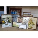 Assorted paintings and prints, including a Chinese watercolour, an Indian painting, etc.