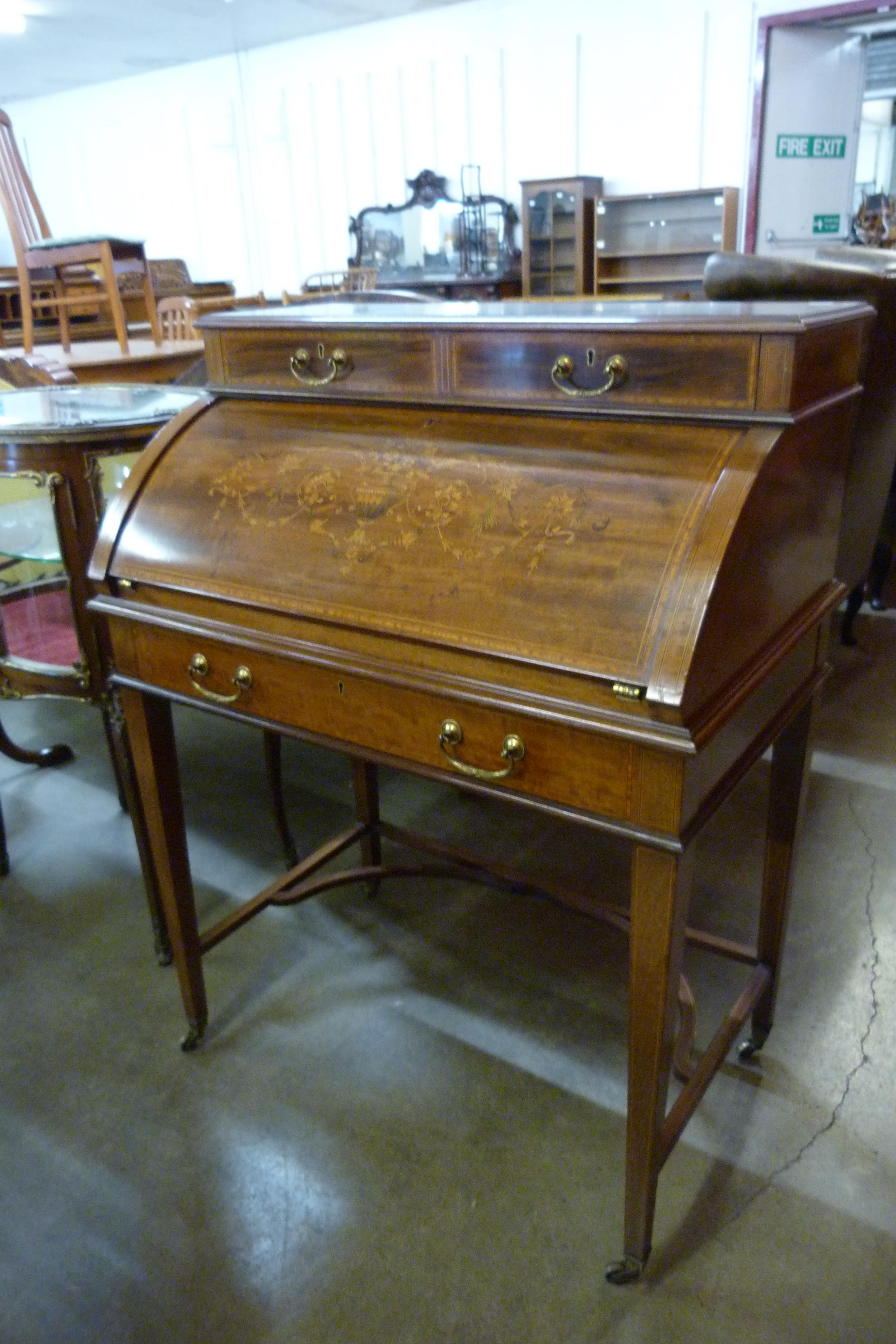 An Edward VII marquetry inlaid mahogany cylinder bureau de dame