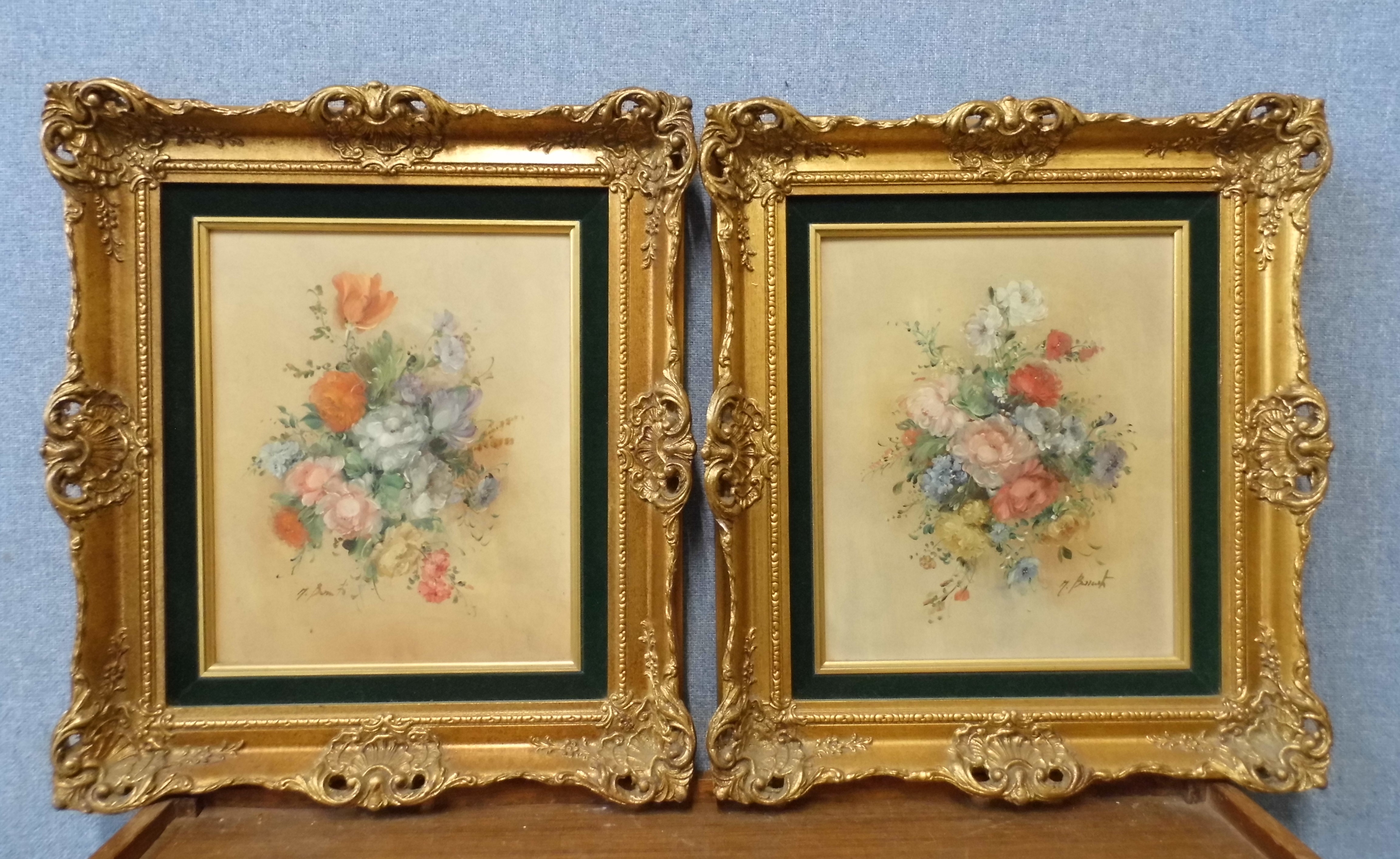Continental School, pair of still lifes of flowers, oil on board, framed