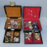 Two jewellery boxes and costume jewellery