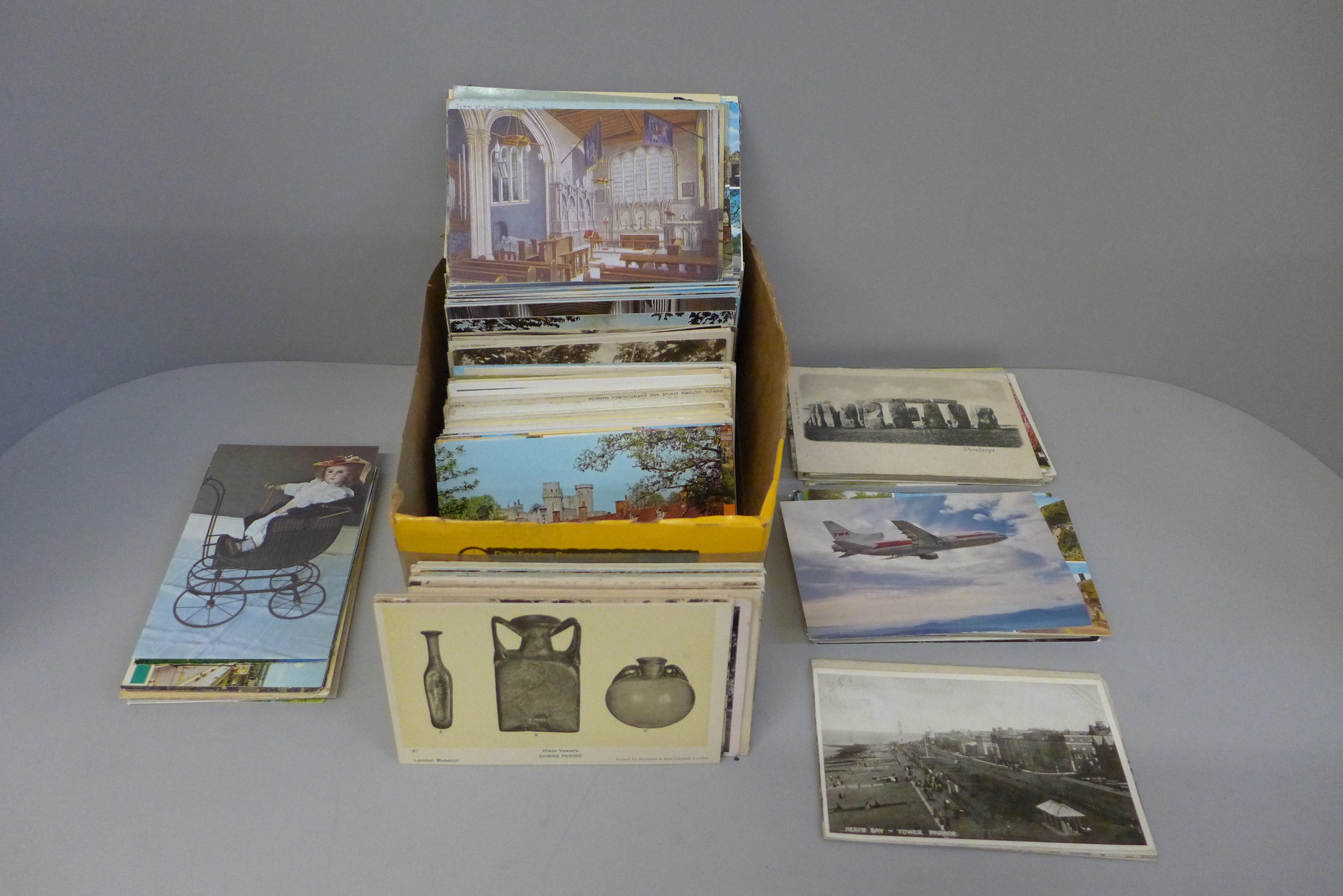 Postcards; a box of postcards, vintage to modern