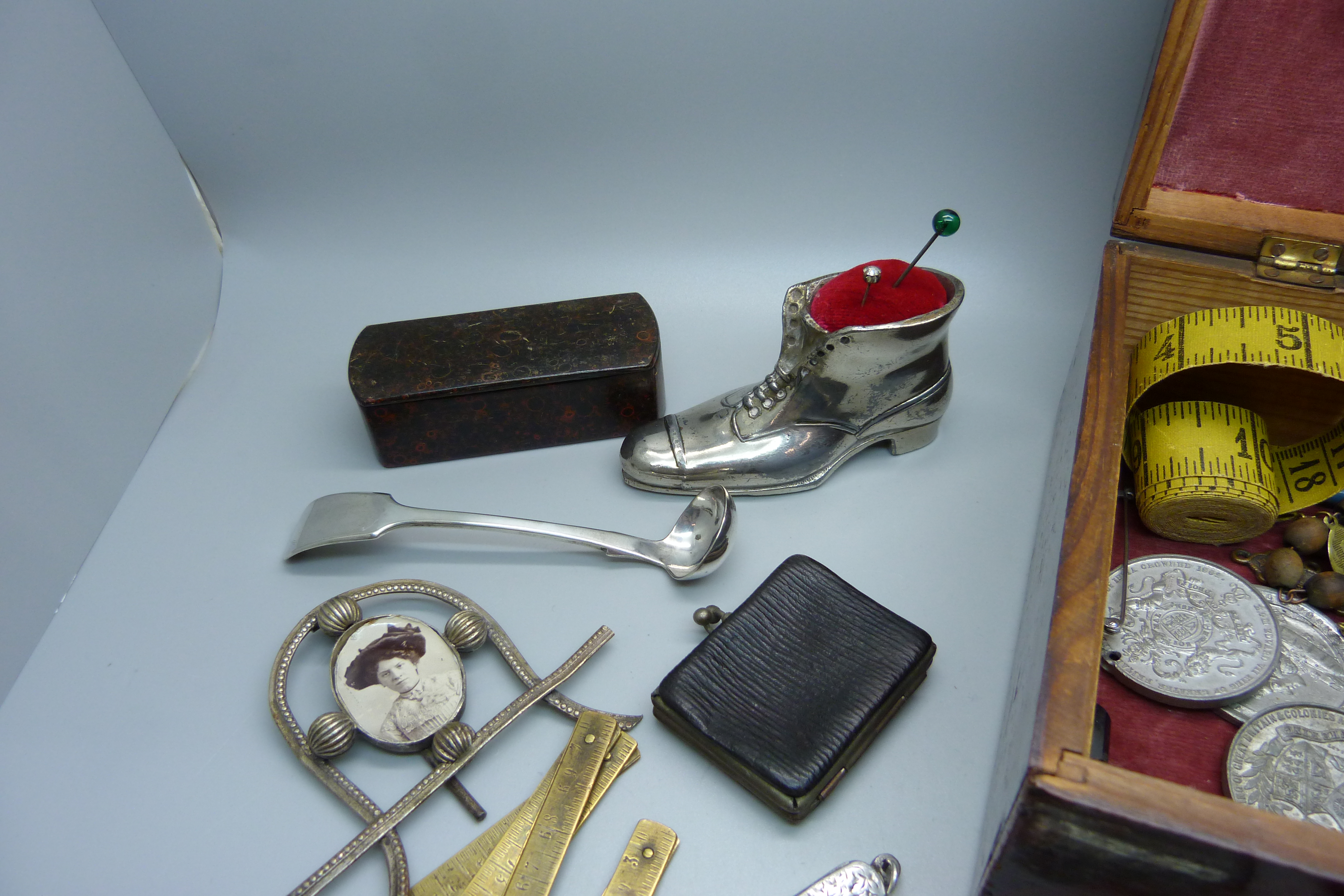 Assorted items including a novelty shoe pin cushion, snuff box, vesta case, a folding brass ruler, - Image 2 of 4