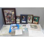 Sporting memorabilia; a collection of autographed items including a letter from Dennis Compton, a