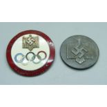 A German Third Reich 1936 Berlin Olympic Games badge and a medallion marked 1942