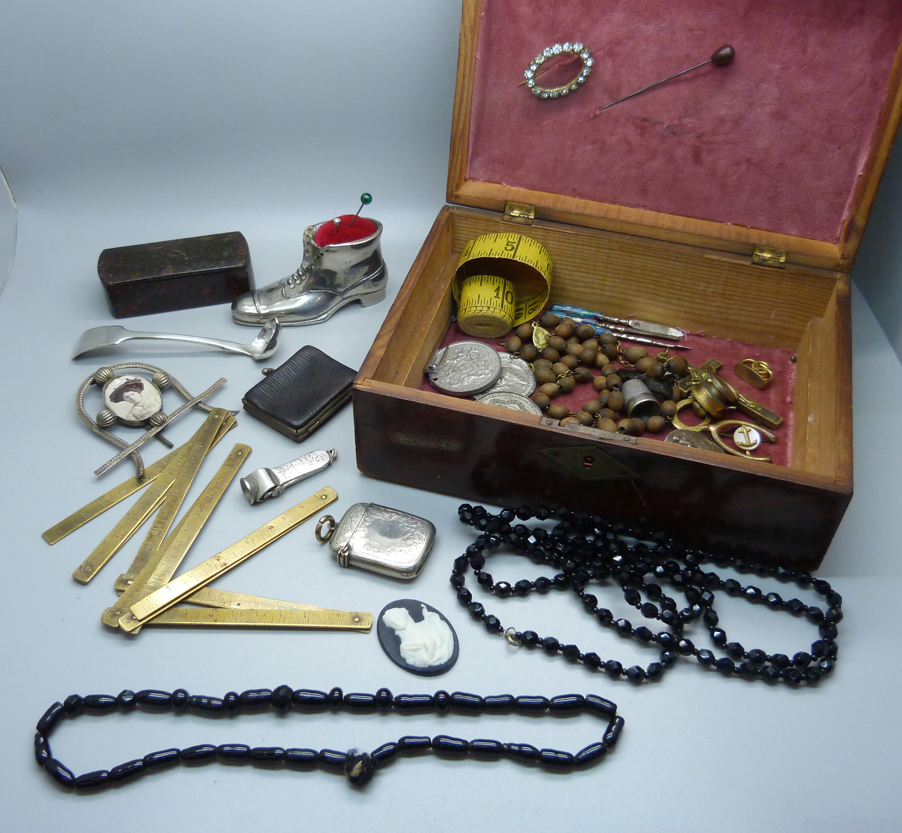 Assorted items including a novelty shoe pin cushion, snuff box, vesta case, a folding brass ruler,