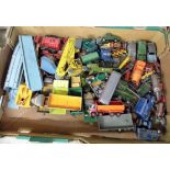 A box of early Dinky Toys die-cast model vehicles, Blaw Knox bulldozer, Pullmore Car Transporter