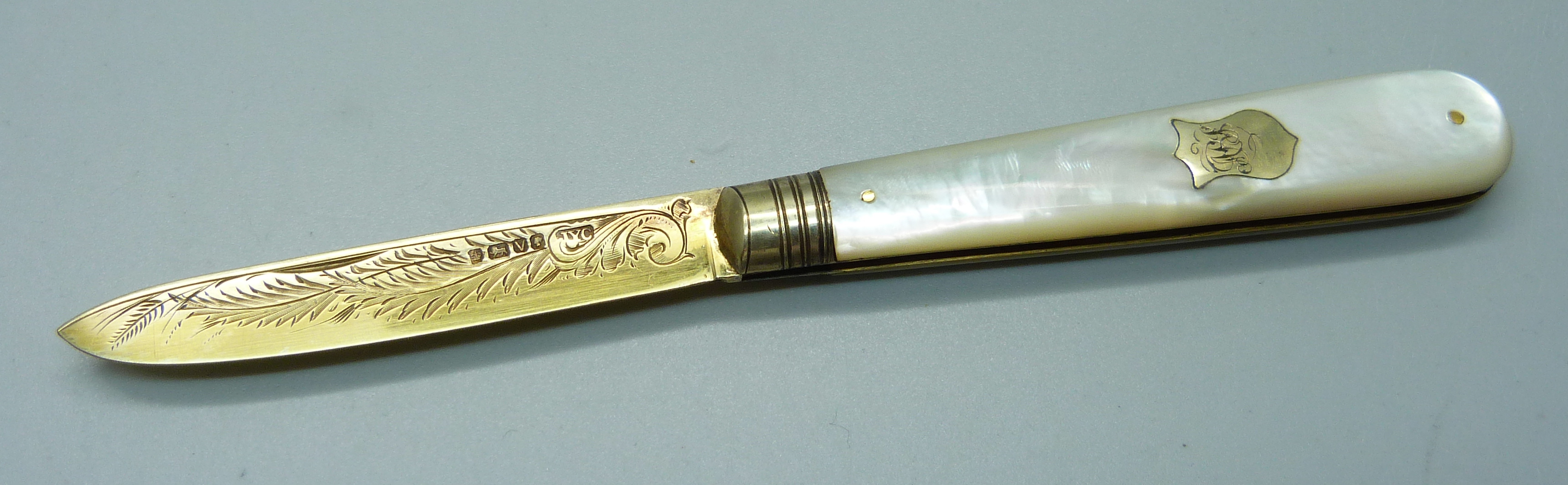 A Victorian silver gild and mother of pearl fruit knife, cased, Sheffield 1888, John Yeomans