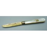 A Victorian silver gild and mother of pearl fruit knife, cased, Sheffield 1888, John Yeomans