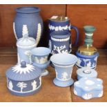 A collection of Wedgwood Jasperware; vase, lidded pots, preserve pot, jug, etc. (11)