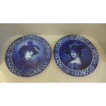 A pair of Royal Blue Delft portrait plates, after Rembrandt, 32cm