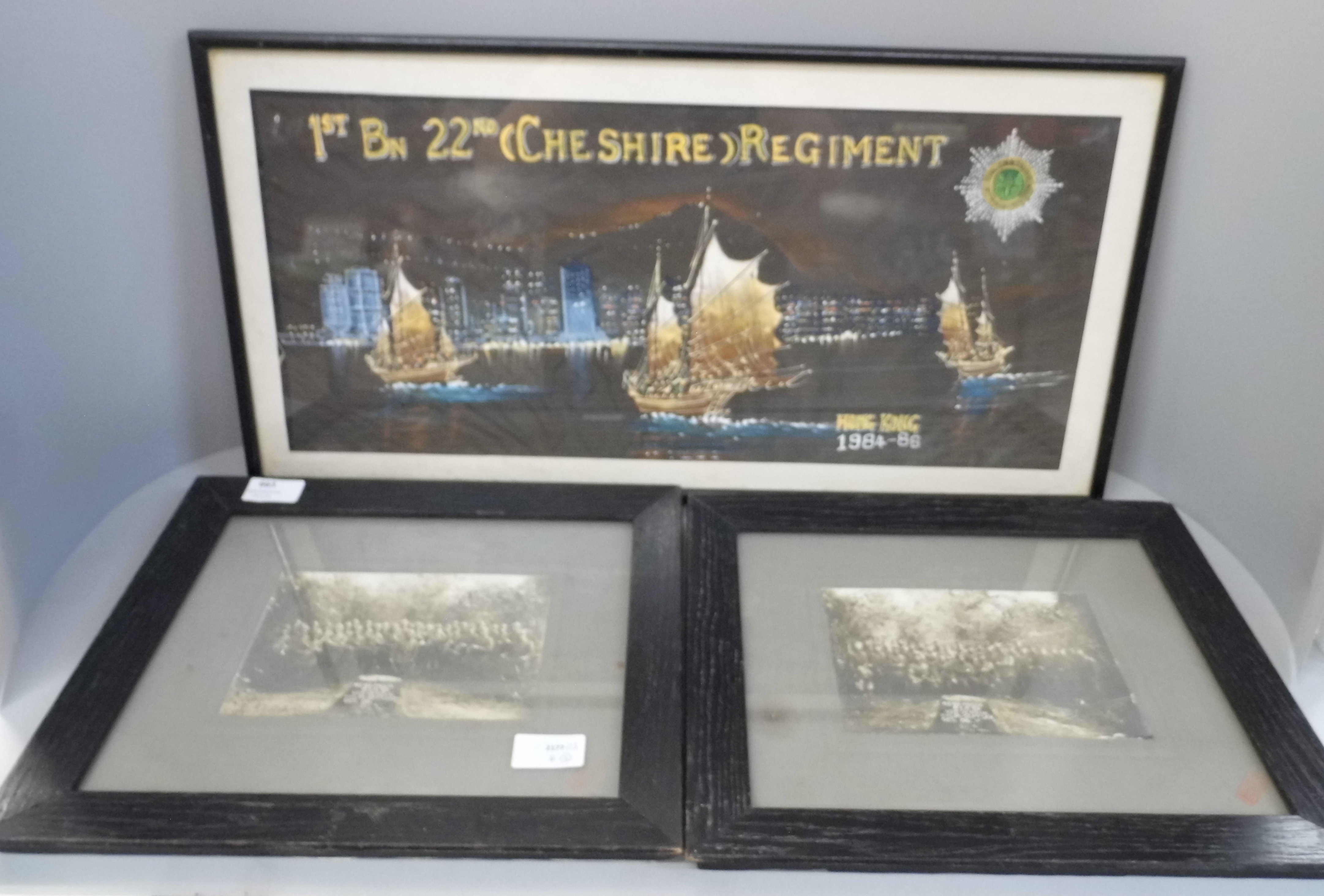 Two WWI regimental photographs, 1917 and a painting of Hong Kong harbour, 1980s, Cheshire Regiment
