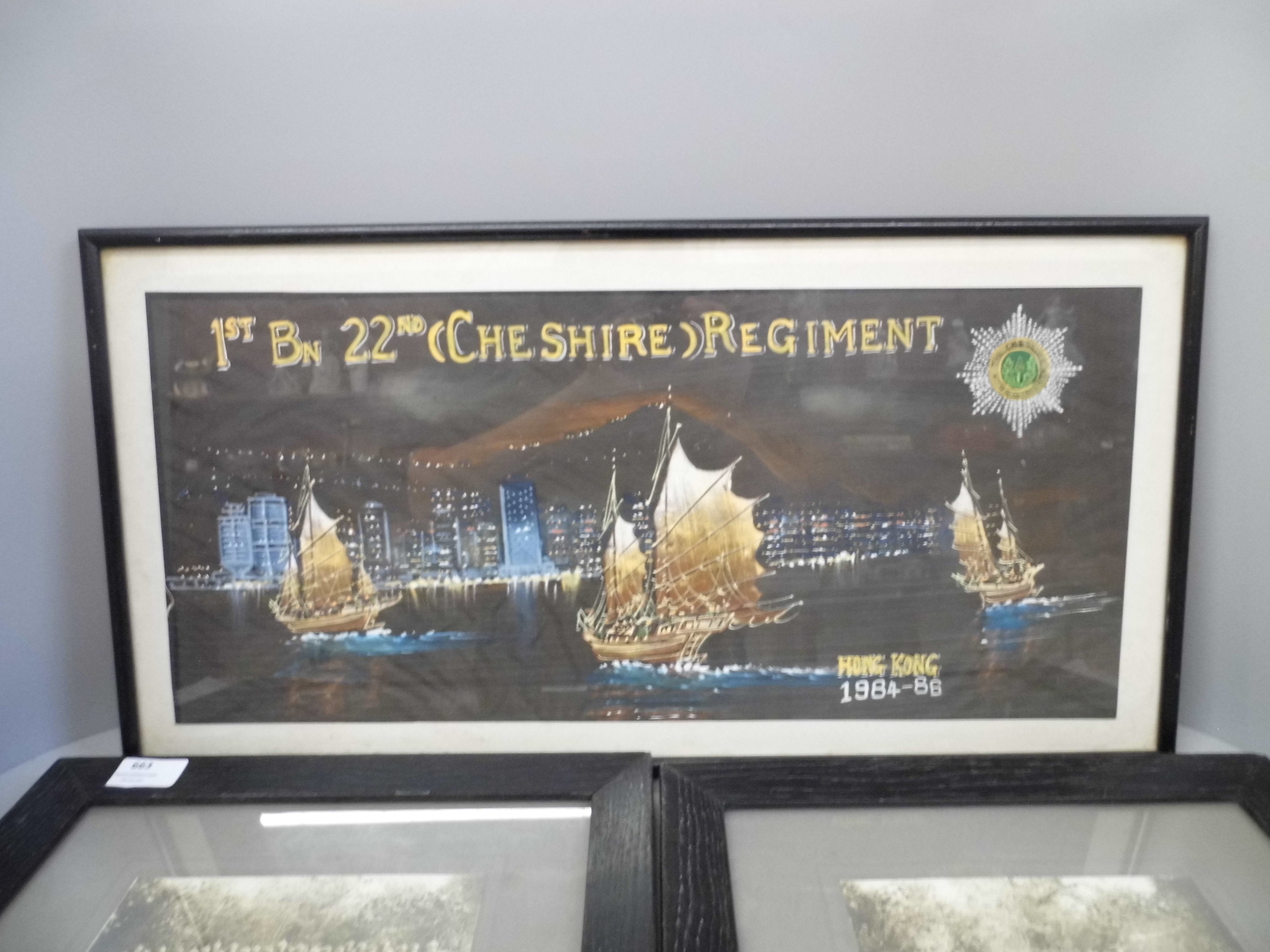 Two WWI regimental photographs, 1917 and a painting of Hong Kong harbour, 1980s, Cheshire Regiment - Image 3 of 3