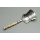 A Victorian silver caddy spoon with bone handle by George Unite, Birmingham 1847