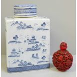 A Chinese flask with four character mark to base and a Cinnabar style scent bottle