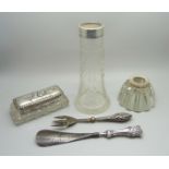 A silver topped glass jar, a/f, a silver rimmed vase, etc.