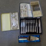 A cased set of silver plated pastry knives and forks and other silver plated cutlery