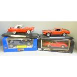 Four 1:18 scale model cars including Ford 1957 Thunderbird, Mercedes Benz 190SL, two boxed