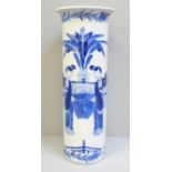 A Chinese blue and white cylindrical vase with flared rim, decorated with figures, with 19th Century