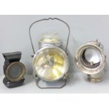 A vintage Lucas Calica lamp, another early lamp and a railway lamp