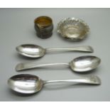 Three silver spoons, a silver spoon, a/f, a pierced silver dish, 196g