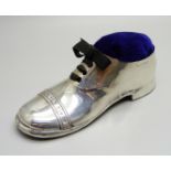 An antique novelty silver shoe pin cushion, Chester 1908, 12.5cm