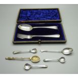 A silver fork and spoon, case a/f, and five other silver spoons, 91g