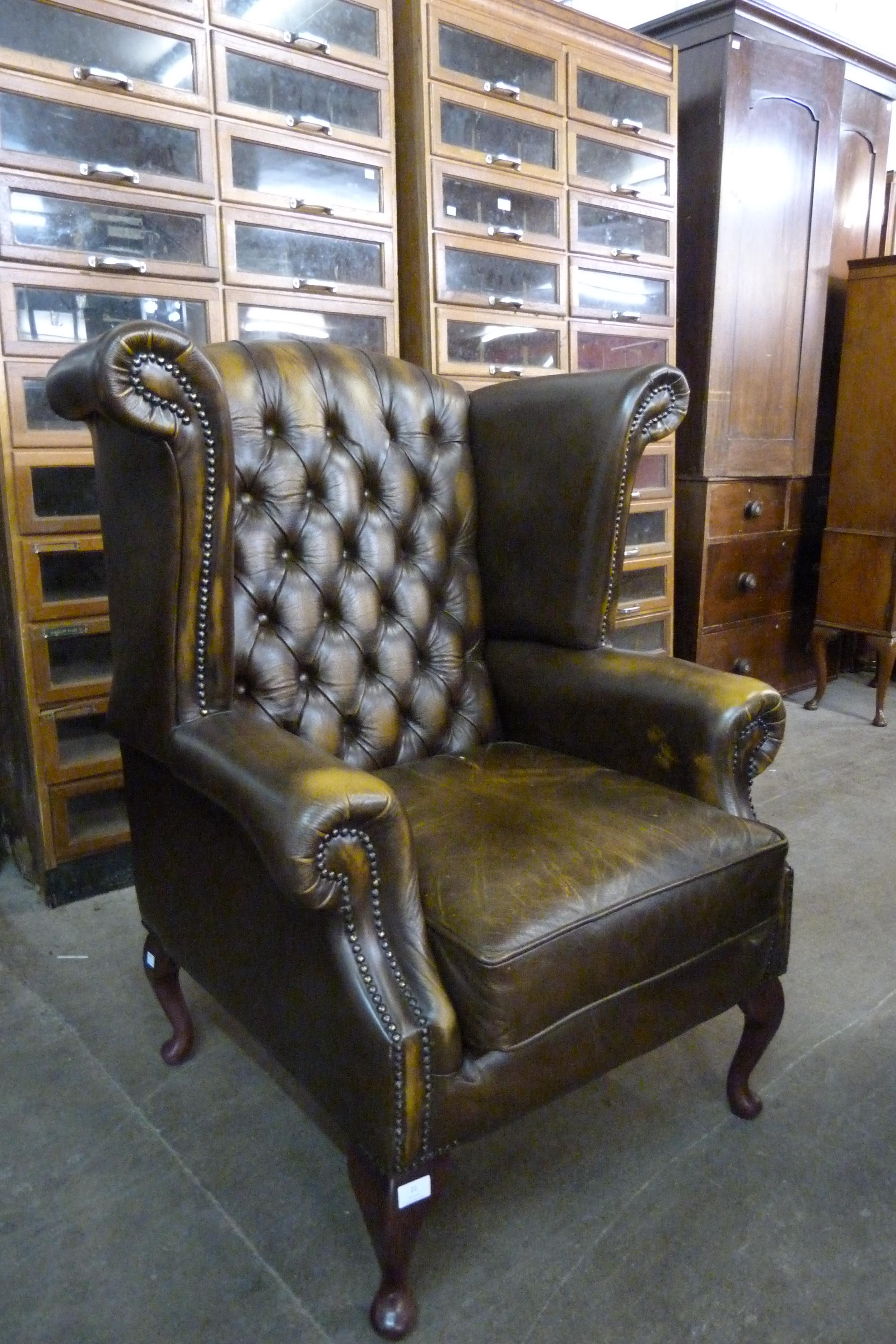 An olive green Chesterfield wingback armchair - Image 2 of 3