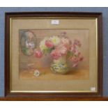 R.A. Foster, still life of flowers in a vase, watercolour, framed