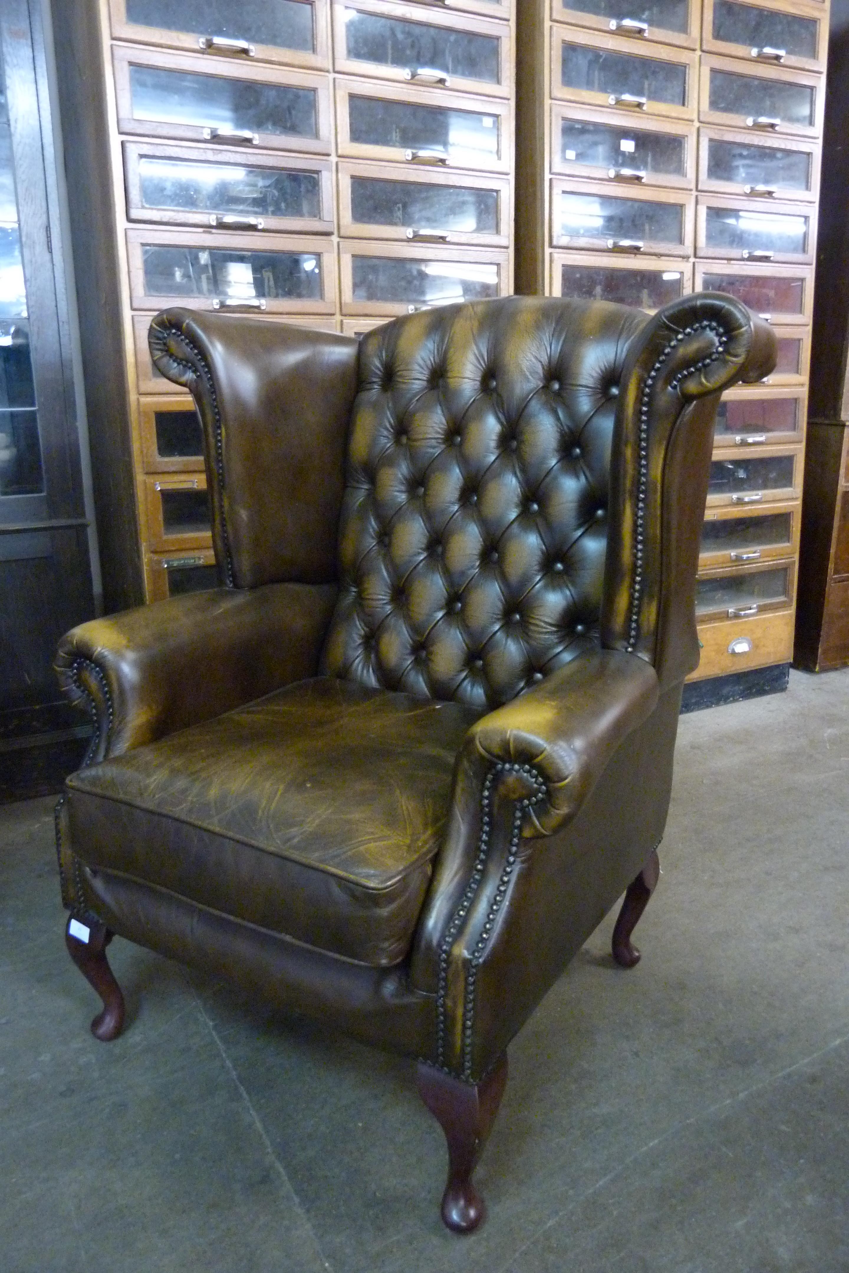 An olive green Chesterfield wingback armchair - Image 3 of 3