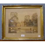 M.S. Hunter, landscape with figures by a lake, watercolour, dated 1858, framed