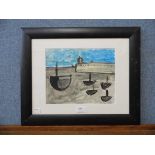 Onslow Sykes, Black Boats, St. Ives, abstract landscape, acrylic on card, framed