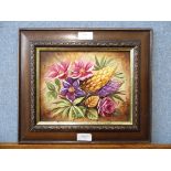 A hand painted porcelain plaque, still life of flowers, framed