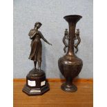 A Japanese Meiji period bronze vase and a bronze figure of a lady