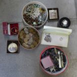 Two boxes of costume jewellery and wristwatches and a collection of pennies