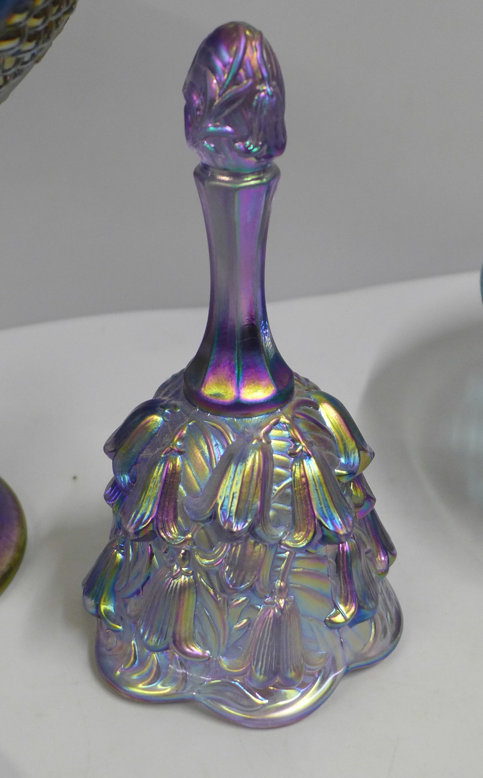 An Indiana Harvest Grape iridescent blue glass bon bon dish on stand, a Fenton Lily of The Valley - Image 5 of 7