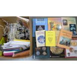 A box of carnival glass price guides, reference books, newsletters and plate stands **PLEASE NOTE