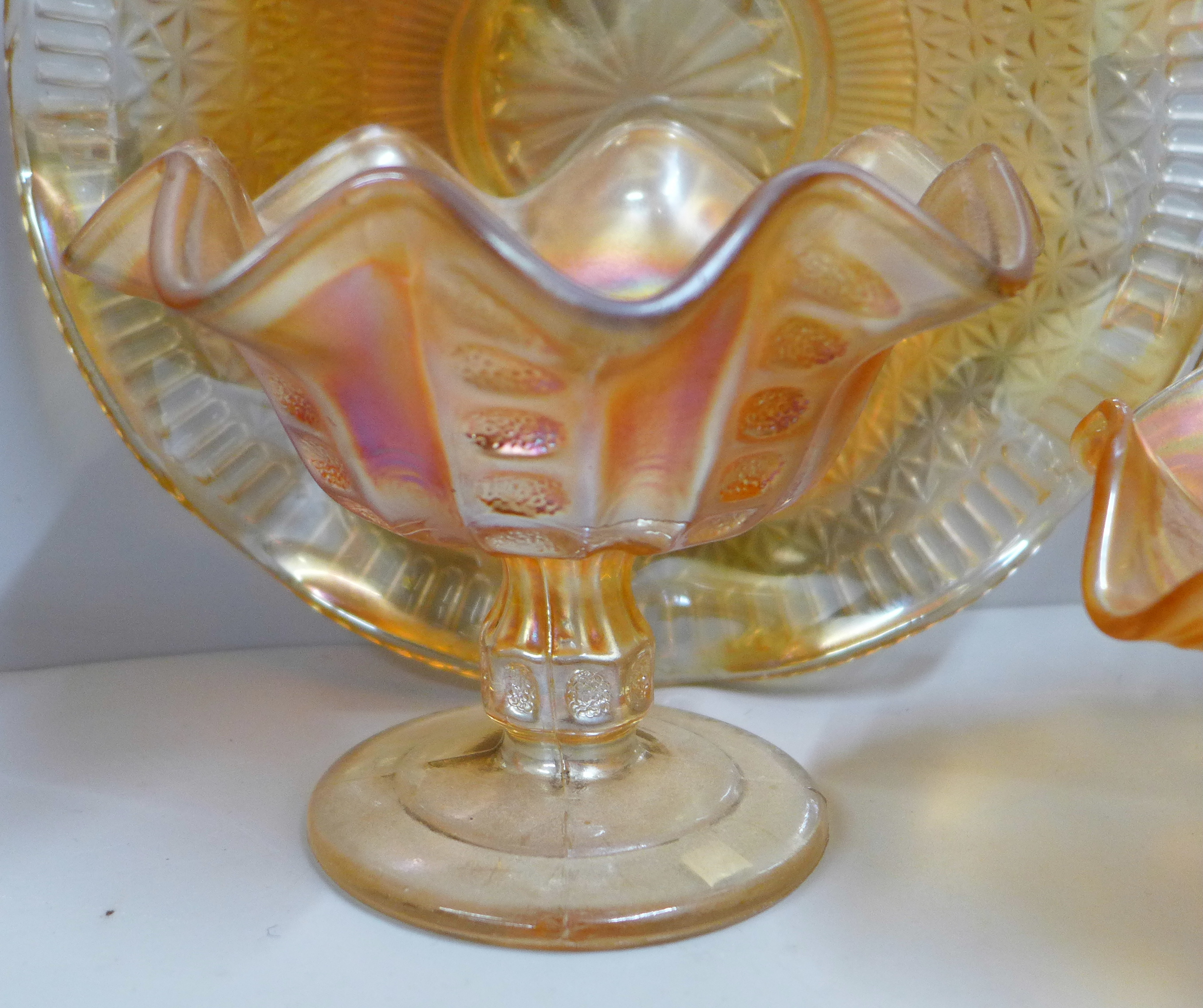 Ten items of marigold carnival glass, a crackle glaze celery vase, iridescent dished and bowls, - Image 6 of 8