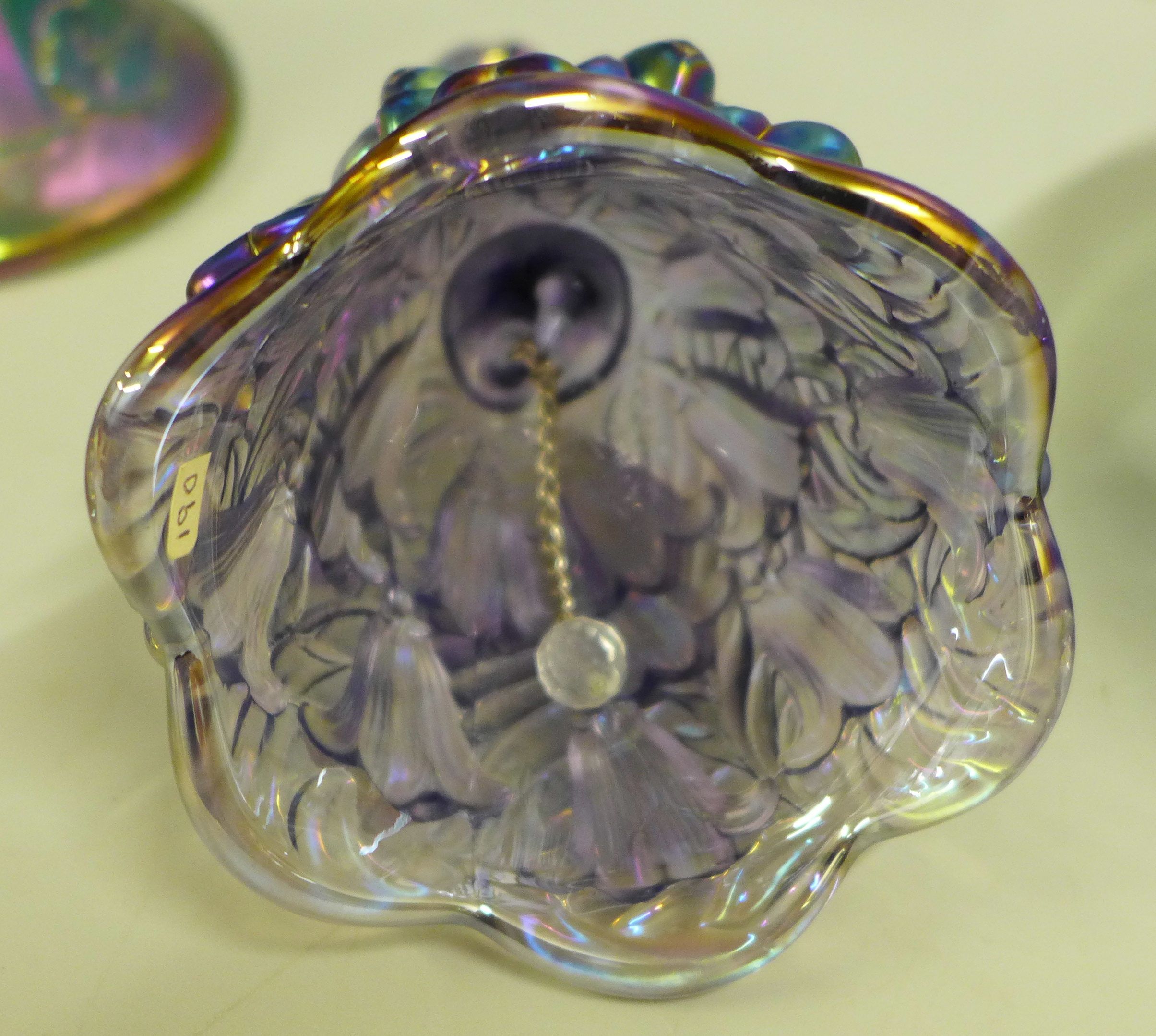 An Indiana Harvest Grape iridescent blue glass bon bon dish on stand, a Fenton Lily of The Valley - Image 6 of 7