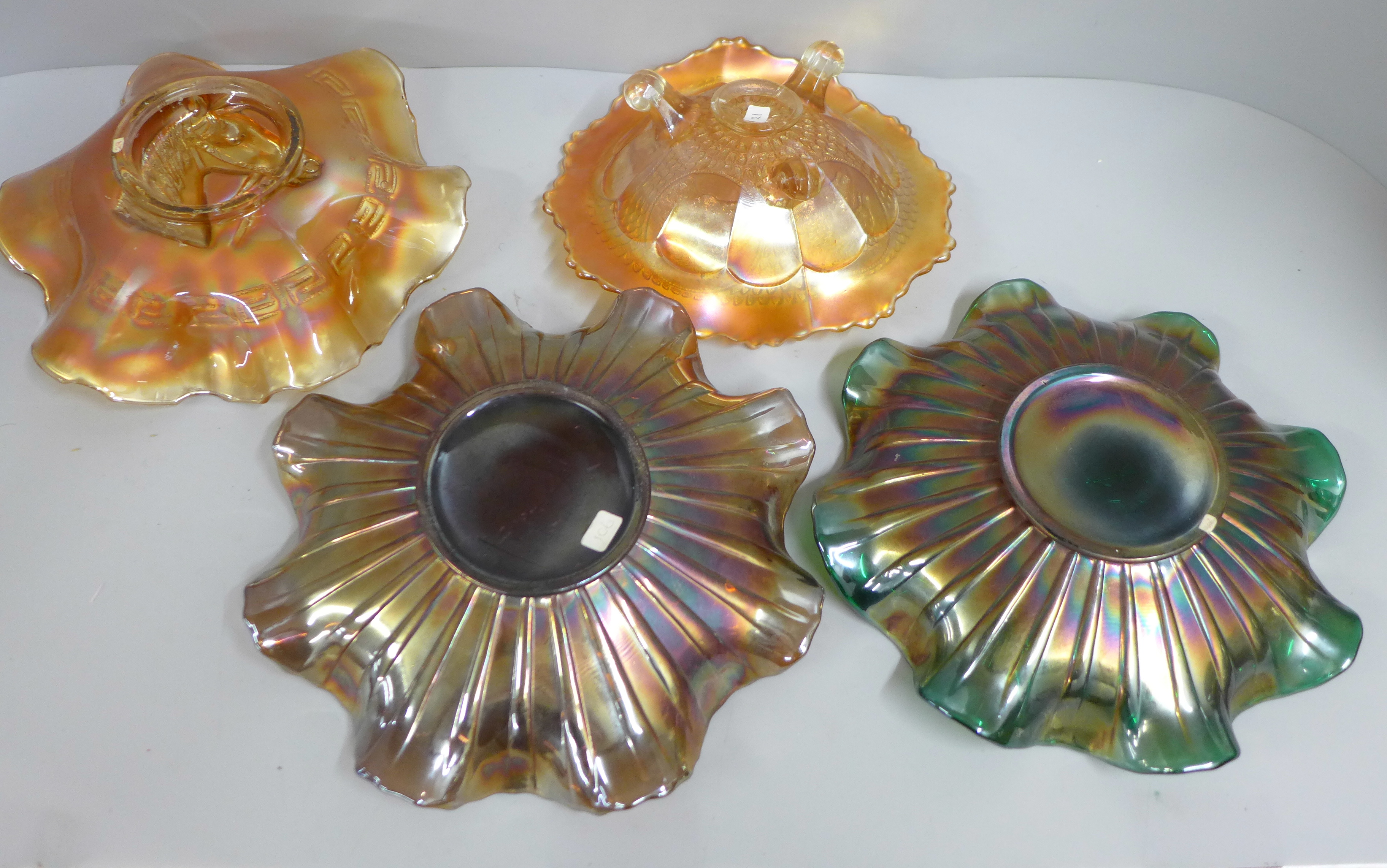 Four carnival glass bowls, two 'Good Luck', one Racehorse and one Horse Medallion, iridescent green, - Image 6 of 6