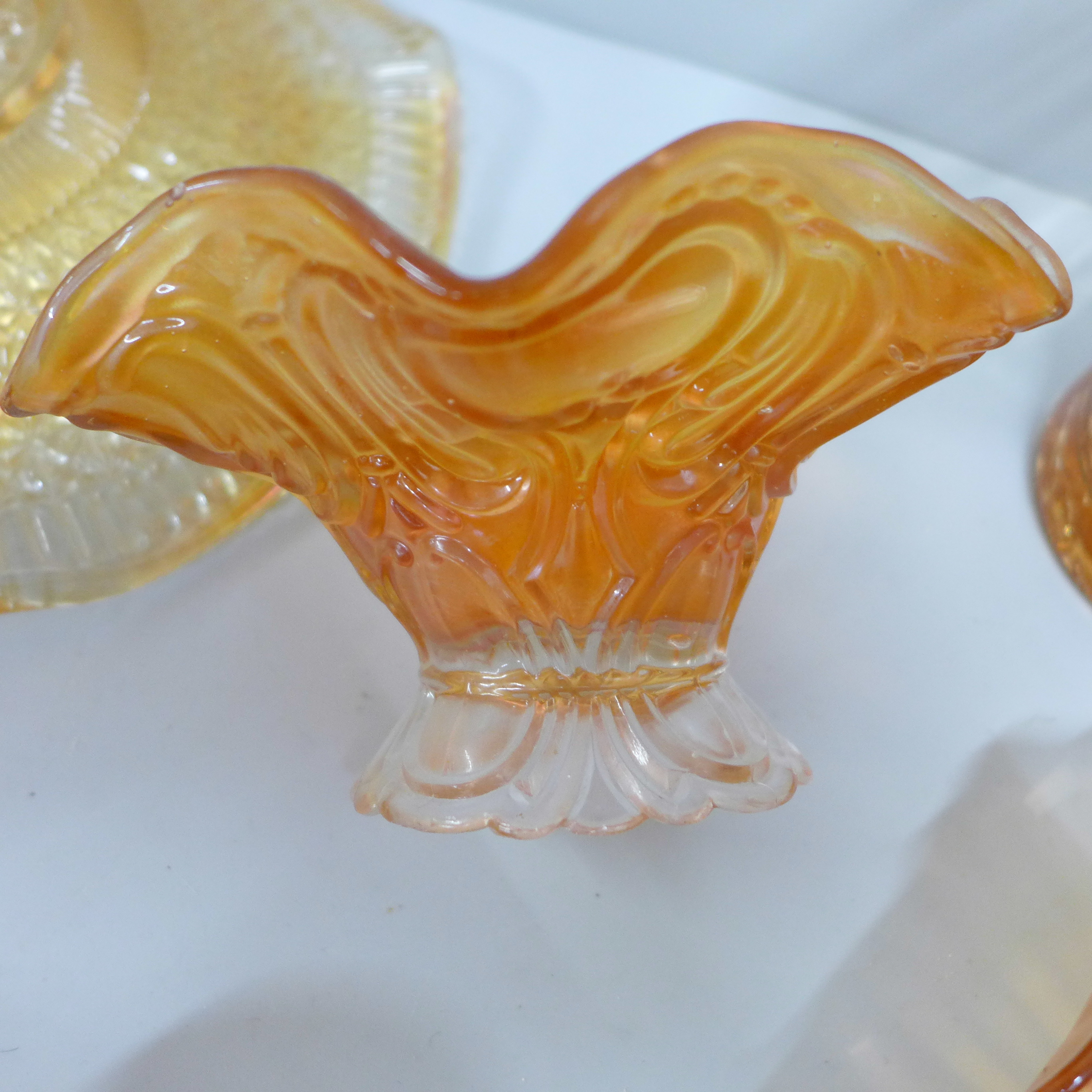 Ten items of marigold carnival glass, a crackle glaze celery vase, iridescent dished and bowls, - Image 8 of 8