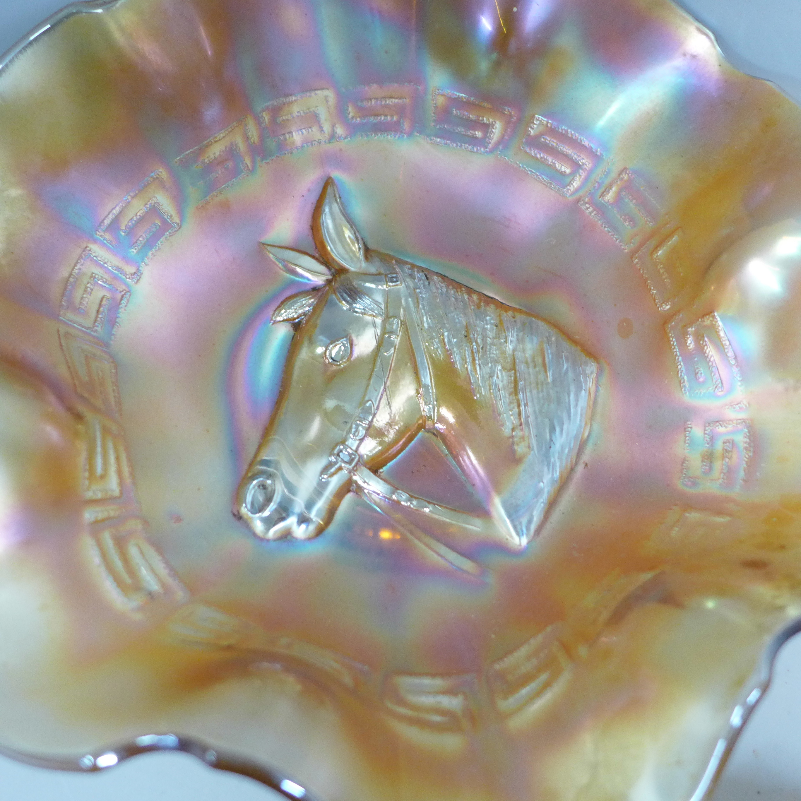 Four carnival glass bowls, two 'Good Luck', one Racehorse and one Horse Medallion, iridescent green, - Image 2 of 6