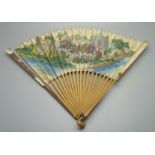 An 18th/19th century 18 stick wood and paper-leaf decorated fan with the image titled 'Paul