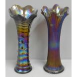 An Imperial Glass Company ripple carnival glass vase and a Northwood fine rib iridescent glass vase