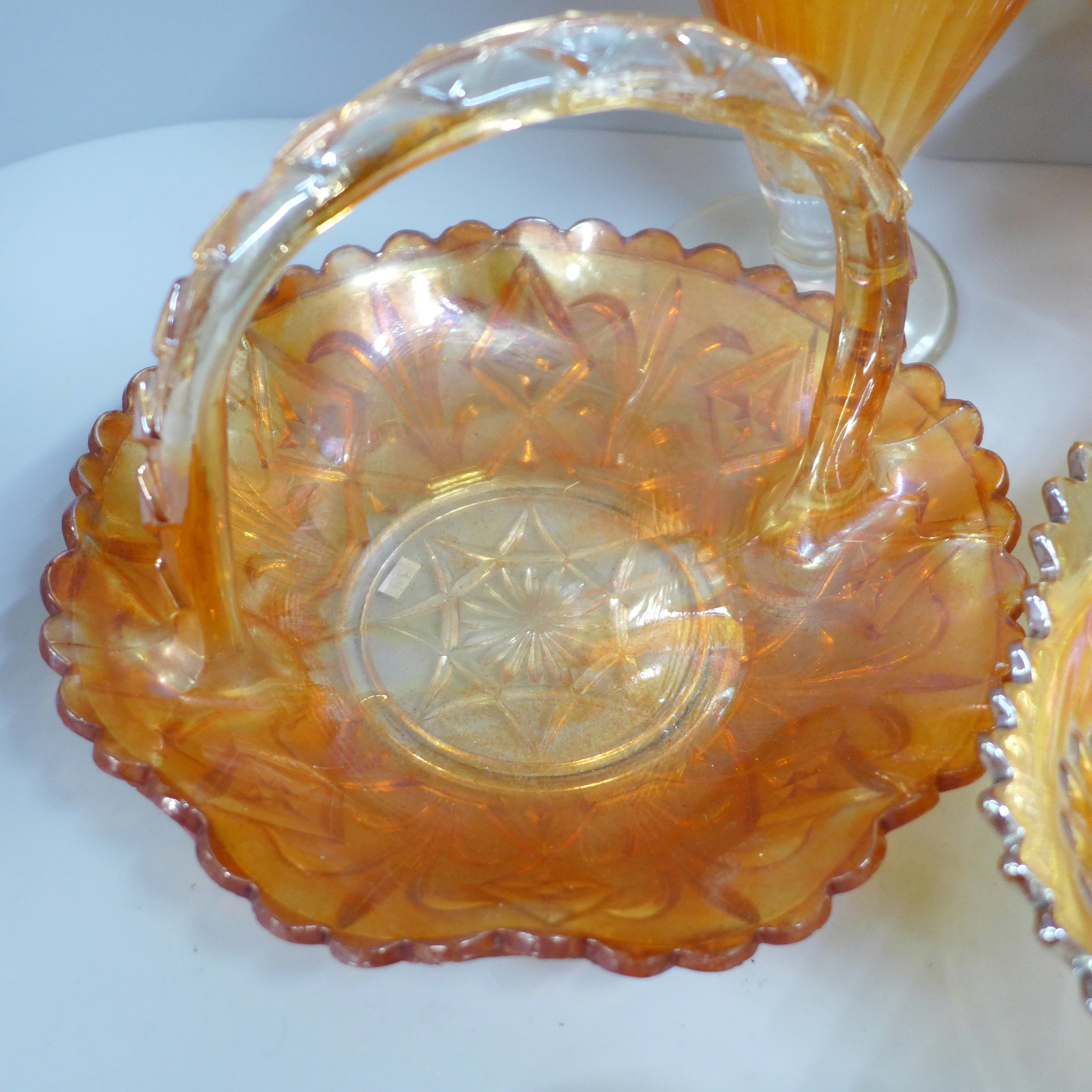 Ten items of marigold carnival glass, a crackle glaze celery vase, iridescent dished and bowls, - Image 3 of 8