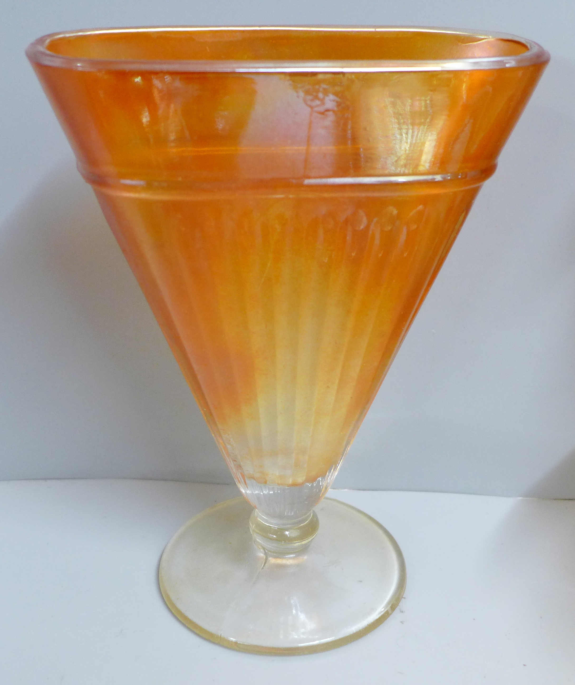 Ten items of marigold carnival glass, a crackle glaze celery vase, iridescent dished and bowls, - Image 5 of 8